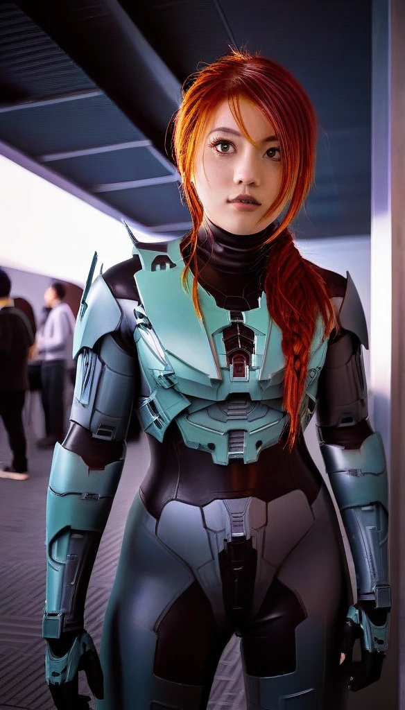 1 Girl、((glowing eyes, red eyes)), Medium Bust、solo、red Hair、Braid、Mobile Race Suit、Shoulder Armor、ceiling、Wide Shot、Looking Ahead、zipup suit 、Closed Mouth、Highest quality、medium quality、22 years old、Mobile Trace System、cockpit、Asian、CyborgCosplay

