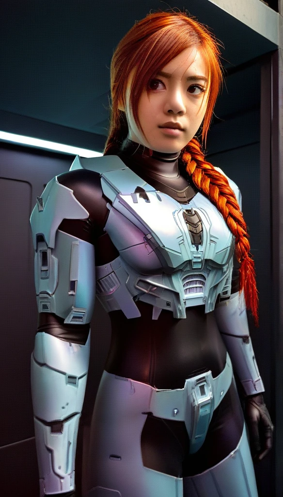 1 Girl、((glowing eyes, red eyes)), Medium Bust、solo、red Hair、Braid、Mobile Race Suit、Shoulder Armor、ceiling、Wide Shot、Looking Ahead、zipup suit 、Closed Mouth、Highest quality、medium quality、22 years old、Mobile Trace System、cockpit、Asian、CyborgCosplay