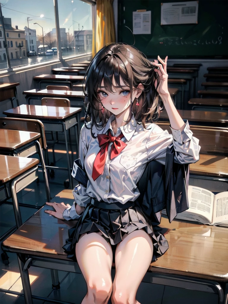 absurdres, RAW photo, extremely delicate and beautiful, masterpiece, Best Quality, ultra high resolution, 32k, hyperrealistic, ultra-detailed, super Detailed skin, 20 years old, very small head, very small face, tearful mole, earring, very huge round breasts, legs, medium hair, whole body shot, indoor, ((school_uniform)),