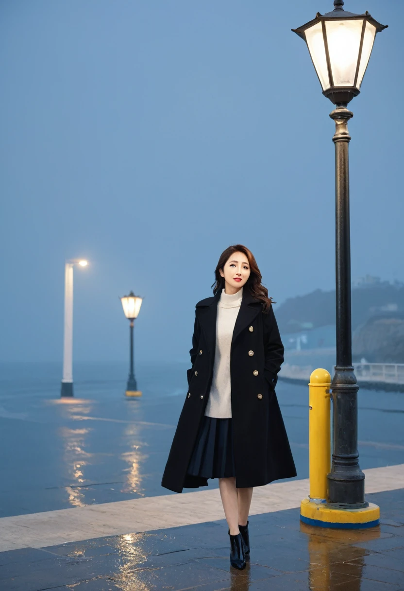 8k, Vivid picture quality, Beautiful 36-year-old Korean woman, rain, Fog, ocean, tide,umbrella, only, breakwater, Street lamp, Black coat  