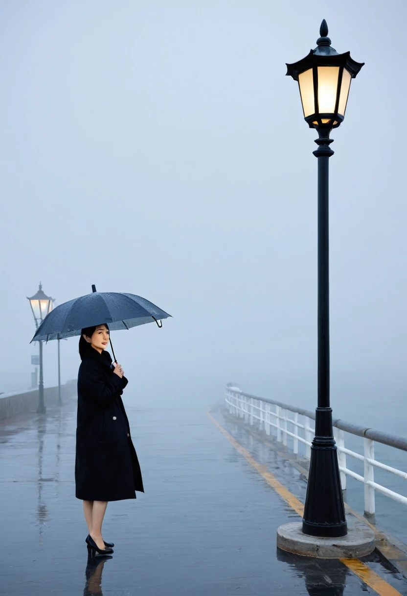 8k, Vivid picture quality, Beautiful 36-year-old Korean woman, rain, Fog, ocean, tide,umbrella, only, breakwater, Street lamp, Black coat