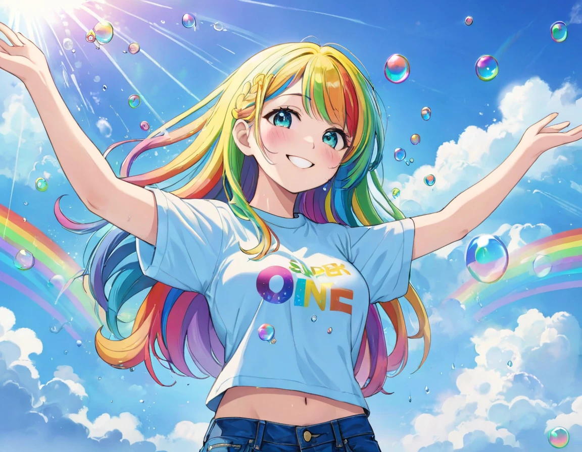  (Highest quality), (Super detailed),(Light blue long hair),(figure), (One girl), Beautiful fine details,Delicate and beautiful face,smile、A big rainbow in the blue sky after the rain、Colorful rainbow bubbles、Jeans on a t-shirt、floating,(High saturation),(Colorful splashes),