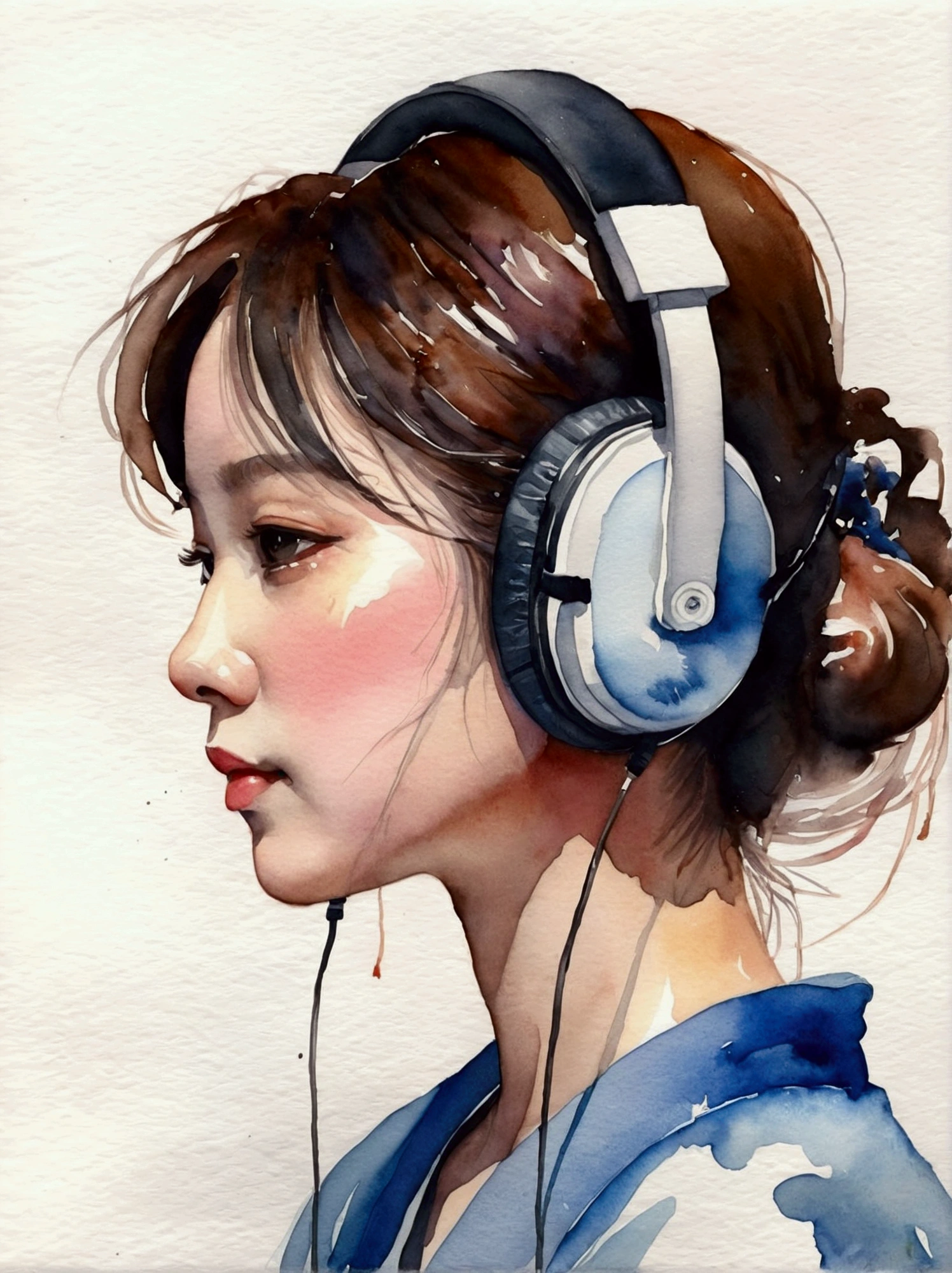 Very beautiful watercolor painting of a girl wearing a Japanese headset : : Trending on Art Station: : A simple composition creates a sense of order and harmony. This painting reflects the spiritual nature of the natural world.. --Upright --ar 9:16