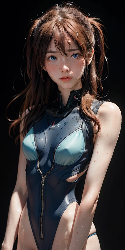 (((Realistic)))picture, masterpiece, Highest quality, One Girl, Plump body, Highest quality, Pale-skinned, Ryu Asuka Langle, Plug Suit 02, Black background, (Face and eye details:1.1), Earth Eye、Individuality, blush, ((Shy)), Very delicate and beautiful girl, Dynamic Pose,Torn battle uniform、Scraps of clothing、sweating、過度のsweating、Sweaty body、