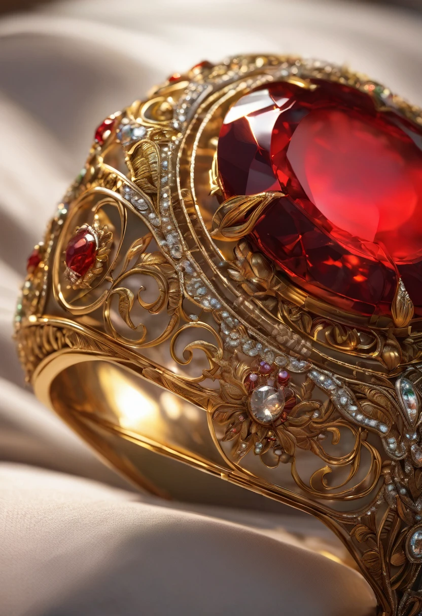 glowing gem, red gem, glowing, gem on pillow, brown pillow, gold trim, detailed, light rays, depth of field, intricate, detailed, (masterpiece:1.2), mksks, 