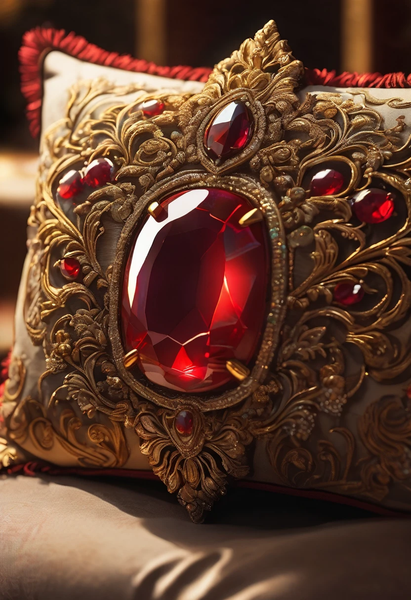 glowing gem, red gem, glowing, gem on pillow, brown pillow, gold trim, detailed, light rays, depth of field, intricate, detailed, (masterpiece:1.2), mksks, 
