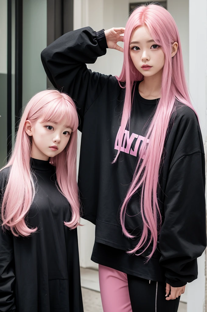 wearing black clothes pink hair