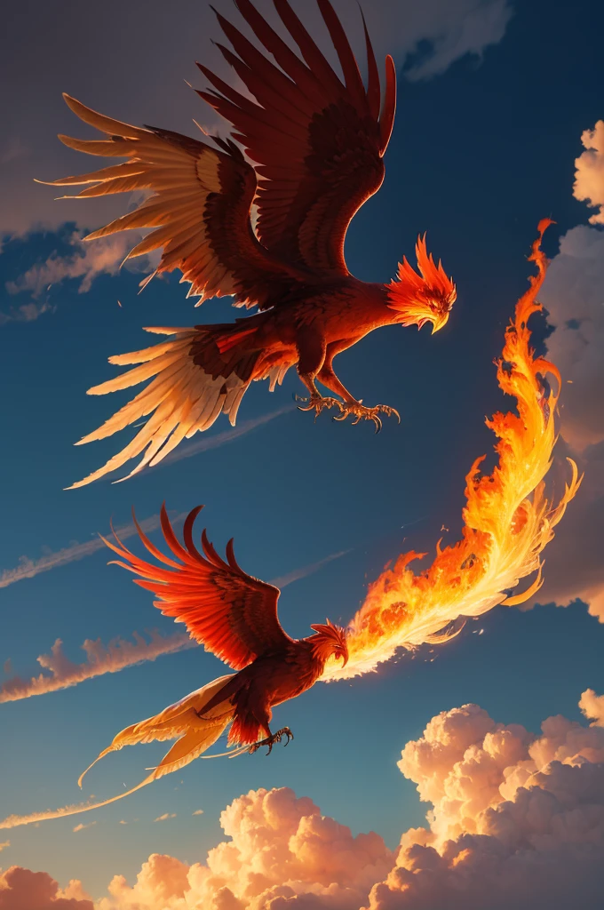 Create a phoenix coming out of the fire and ash towards the clouds, flying very fast and opening up there with very beautiful and red wings
