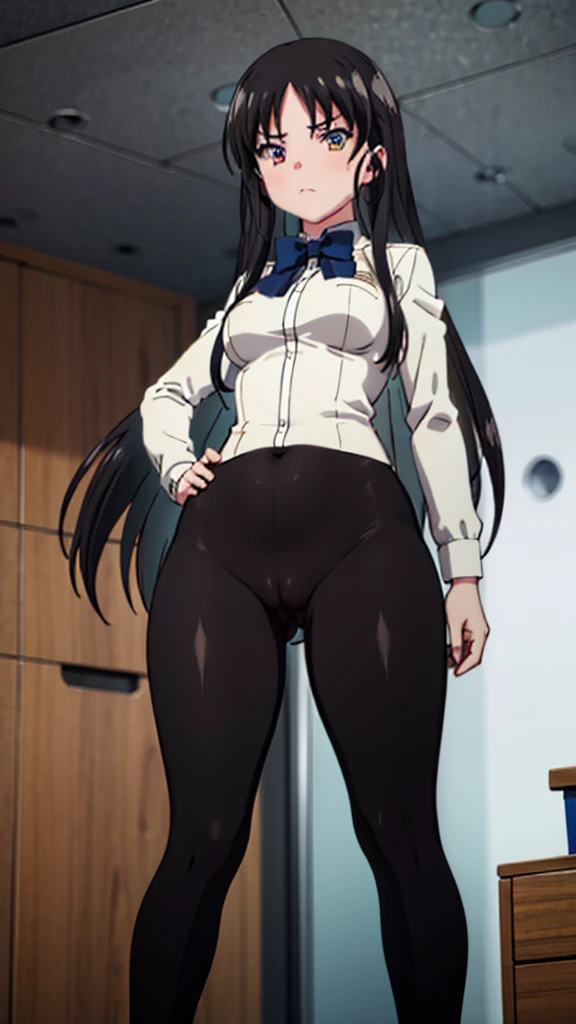 1girl, office, shirt, (angry), ((hourglass figure)), black tights, (from below), looking at viewer, ((thick thighs)), ((pussy))