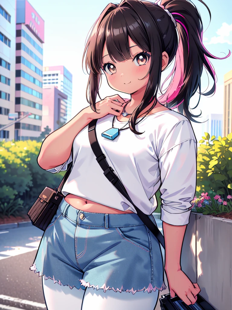 (cowboy shot), colorful, (ultra-high resolution, depth of field:1.2), 1woman, medium breasts, (tan skin:1.4), (brown eyes), (long straight black hair), ponytail, bangs, white, (white casual shirt:1.4), light blue necklace, (pink skirt:1.1), (light blue stripes), (black pantyhose), gentle smile, urban scenery