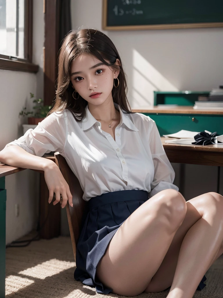 absurdres, RAW photo, extremely delicate and beautiful, masterpiece, Best Quality, ultra high resolution, 32k, hyperrealistic, ultra-detailed, super Detailed skin, 20 years old, very small head, very small face, tearful mole, earring, very huge round breasts, legs, medium hair, full body shot, indoor, school_uniform,