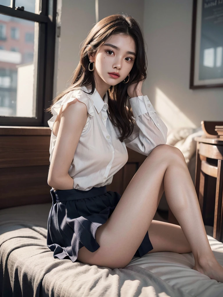 absurdres, RAW photo, extremely delicate and beautiful, masterpiece, Best Quality, ultra high resolution, 32k, hyperrealistic, ultra-detailed, super Detailed skin, 20 years old, very small head, very small face, tearful mole, earring, very huge round breasts, legs, medium hair, full body shot, indoor, school_uniform,