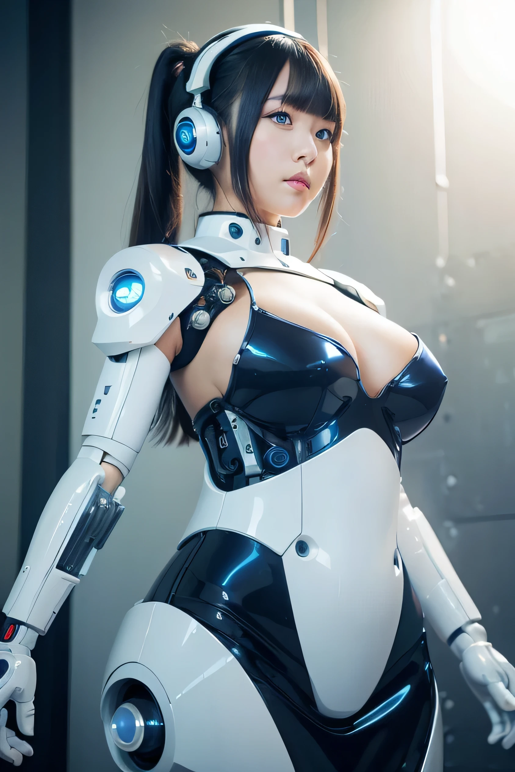 masterpiece, best quality, extremely detailed, Japanese android girl,Plump ,control panels,robot arms,robot,android,cyborg,white robot body,ceramic body,perfect robotgirl,blunt bangs,blue dress,blue eyes