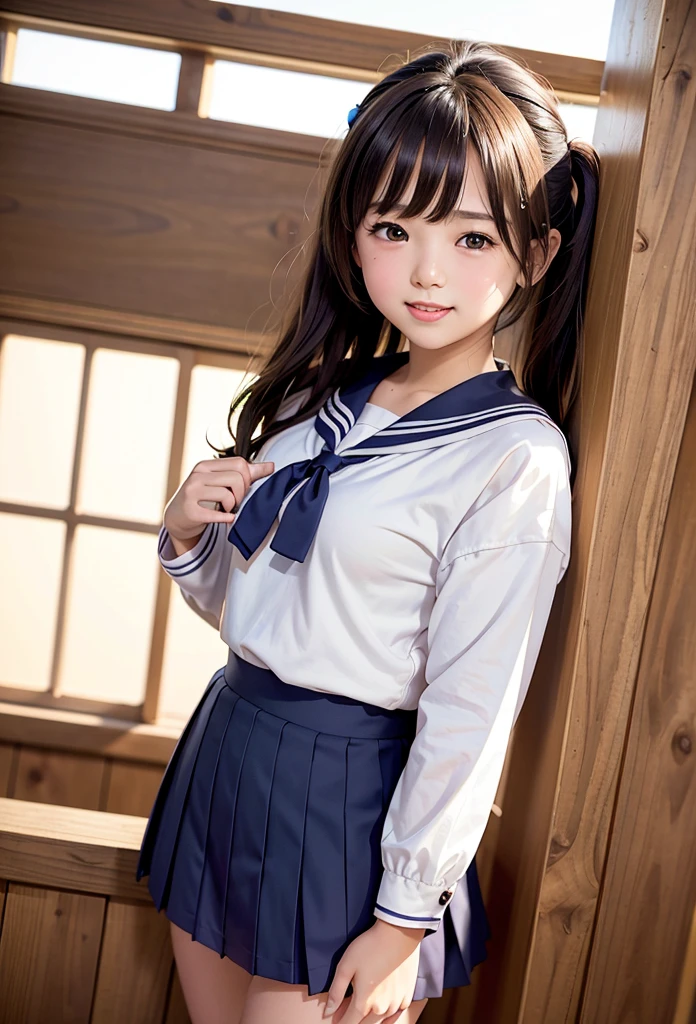 (Highest quality,masterpiece:1.3,Ultra-high resolution),(Very detailed、Caustics) (Real:1.4、RAW shooting、)超Realキャプチャー、Very detailed、Natural skin texture、masterpiece、(Junior high school sailor uniform:1.3)、Short-sleeved sailor uniform、1 Japan girl、Adorable expression、Happy expression、14 years old、Young face、Amazingly cute、Twin tails、Curly Hair、Black Hair、Scrunchie、Thinning、Medium breast、Bare wrist、This photo was taken in the middle of a school classroom...、Shiny thighs、Shoot from the side、With a smile、With an inviting gaze、The exact number of fingers on each hand、Cowboy Shot、