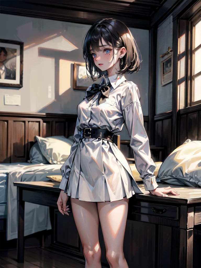absurdres, RAW photo, extremely delicate and beautiful, masterpiece, Best Quality, ultra high resolution, 32k, hyperrealistic, ultra-detailed, super Detailed skin, 20 years old, very small head, very small face, tearful mole, earring, very huge round breasts, legs, medium hair, whole body shot, indoor, school_uniform,