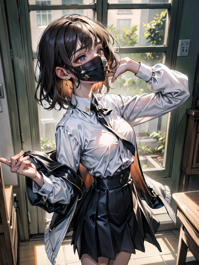 absurdres, RAW photo, extremely delicate and beautiful, masterpiece, Best Quality, ultra high resolution, 32k, hyperrealistic, ultra-detailed, super Detailed skin, 20 years old, very small head, very small face, tearful mole, earring, very huge round breasts, legs, medium hair, whole body shot, indoor, school_uniform,