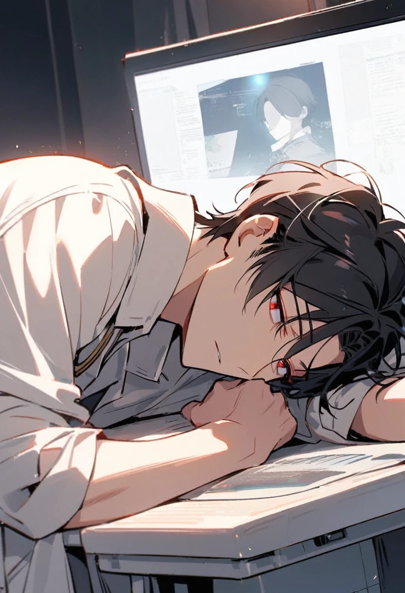 Handsome, Solitary, 1 male, short hair, Black Hair, Red Eyes, White shirt, Light-colored coat,Quiet face, Sleeping on the computer desk,The light from the display screen shone on his face