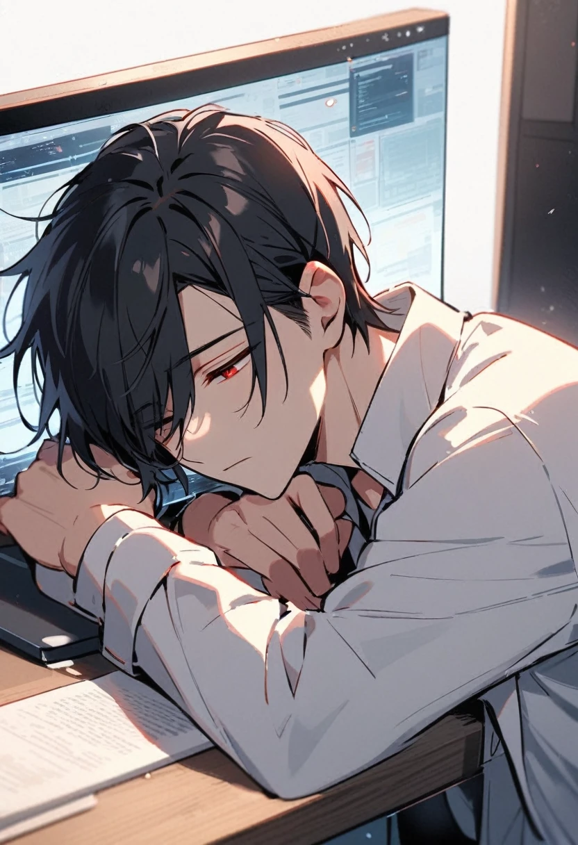 Handsome, Solitary, 1 male, short hair, Black Hair, Red Eyes, White shirt, Light-colored coat,Quiet face, Sleeping on the computer desk,The light from the display screen shone on his face
