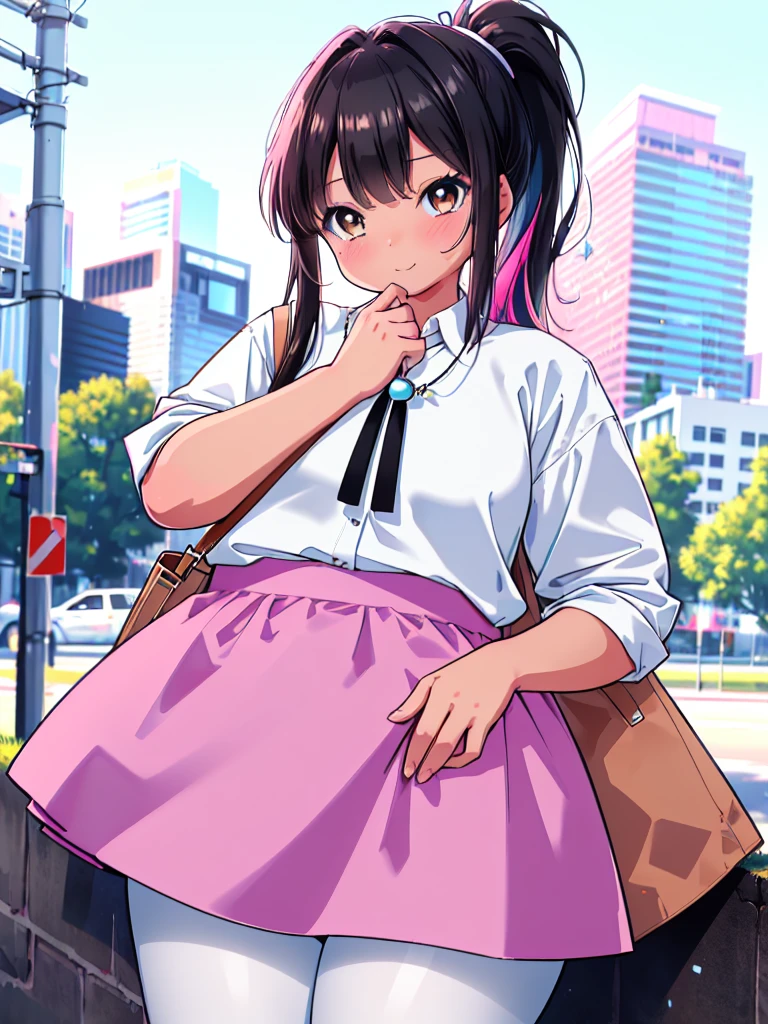 (cowboy shot), colorful, (ultra-high resolution, depth of field:1.2), 1woman, medium breasts, (tan skin:1.4), (brown eyes), (long straight black hair), ponytail, bangs, white, (white casual shirt:1.4), light blue necklace, (pink skirt:1.1), (light blue stripes), (black pantyhose), gentle smile, urban scenery