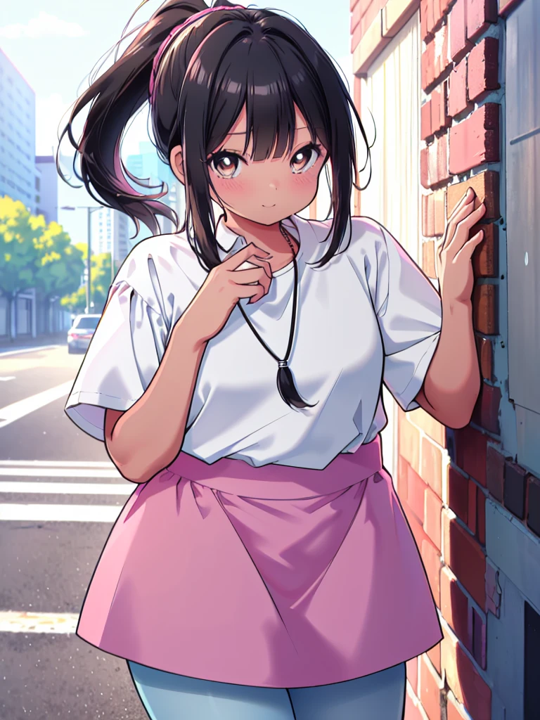 (cowboy shot), colorful, (ultra-high resolution, depth of field:1.2), 1woman, medium breasts, (tan skin:1.4), (brown eyes), (long straight black hair), ponytail, bangs, white, (white casual shirt:1.4), light blue necklace, (pink skirt:1.1), (light blue stripes), (black pantyhose), gentle smile, urban scenery