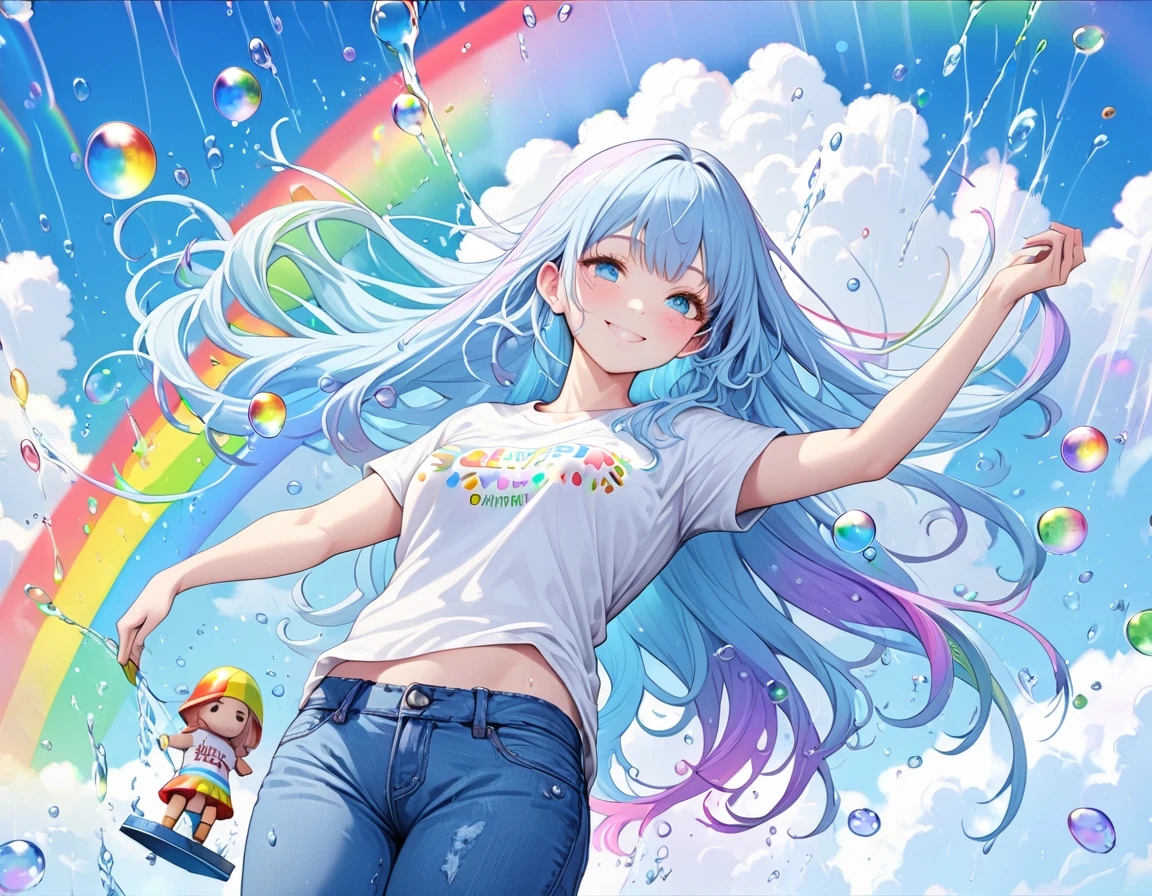(Highest quality), (Super detailed),(Light blue long hair),(figure), (One girl), Beautiful fine details,Delicate and beautiful face,smile、A big rainbow in the blue sky after the rain、Colorful rainbow bubbles、Jeans on a t-shirt、floating,(High saturation),(Colorful splashes),