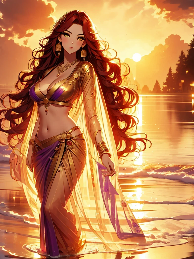 (absurderes, A high resolution, Ultra detailed, hdr), masterpiece, best quality, indian ,nami, extreme realistic very beautiful, animated style, full body shot, anime in (((purple))) Indian dress transparent ((( sari ))), headwear, necklace, earrings, bracelets, bangles and bracelets, rings, pleasant expression, natural beauty, night sky, vintage aesthetics, navel, cleavage, standing, beautiful face, detailed eyes, red wavy hair, golden eyes,