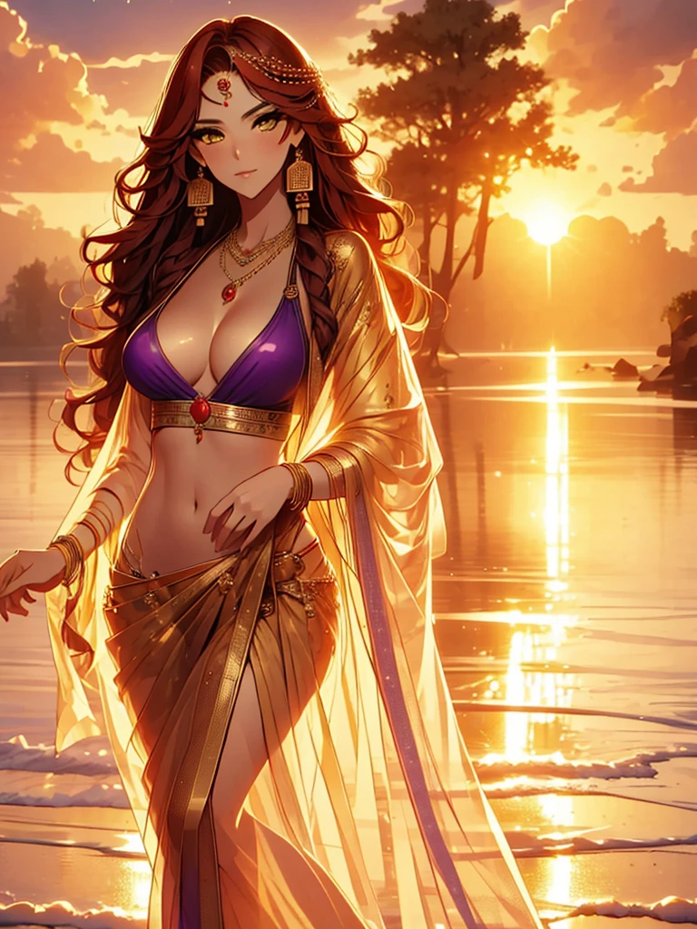 (absurderes, A high resolution, Ultra detailed, hdr), masterpiece, best quality, indian ,nami, extreme realistic very beautiful, animated style, full body shot, anime in (((purple))) Indian dress transparent ((( sari ))), headwear, necklace, earrings, bracelets, bangles and bracelets, rings, pleasant expression, natural beauty, night sky, vintage aesthetics, navel, cleavage, standing, beautiful face, detailed eyes, red wavy hair, golden eyes,