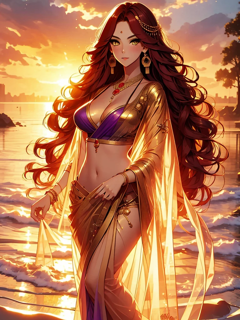(absurderes, A high resolution, Ultra detailed, hdr), masterpiece, best quality, indian ,nami, extreme realistic very beautiful, animated style, full body shot, anime in (((purple))) Indian dress transparent ((( sari ))), headwear, necklace, earrings, bracelets, bangles and bracelets, rings, pleasant expression, natural beauty, night sky, vintage aesthetics, navel, cleavage, standing, beautiful face, detailed eyes, red wavy hair, golden eyes,