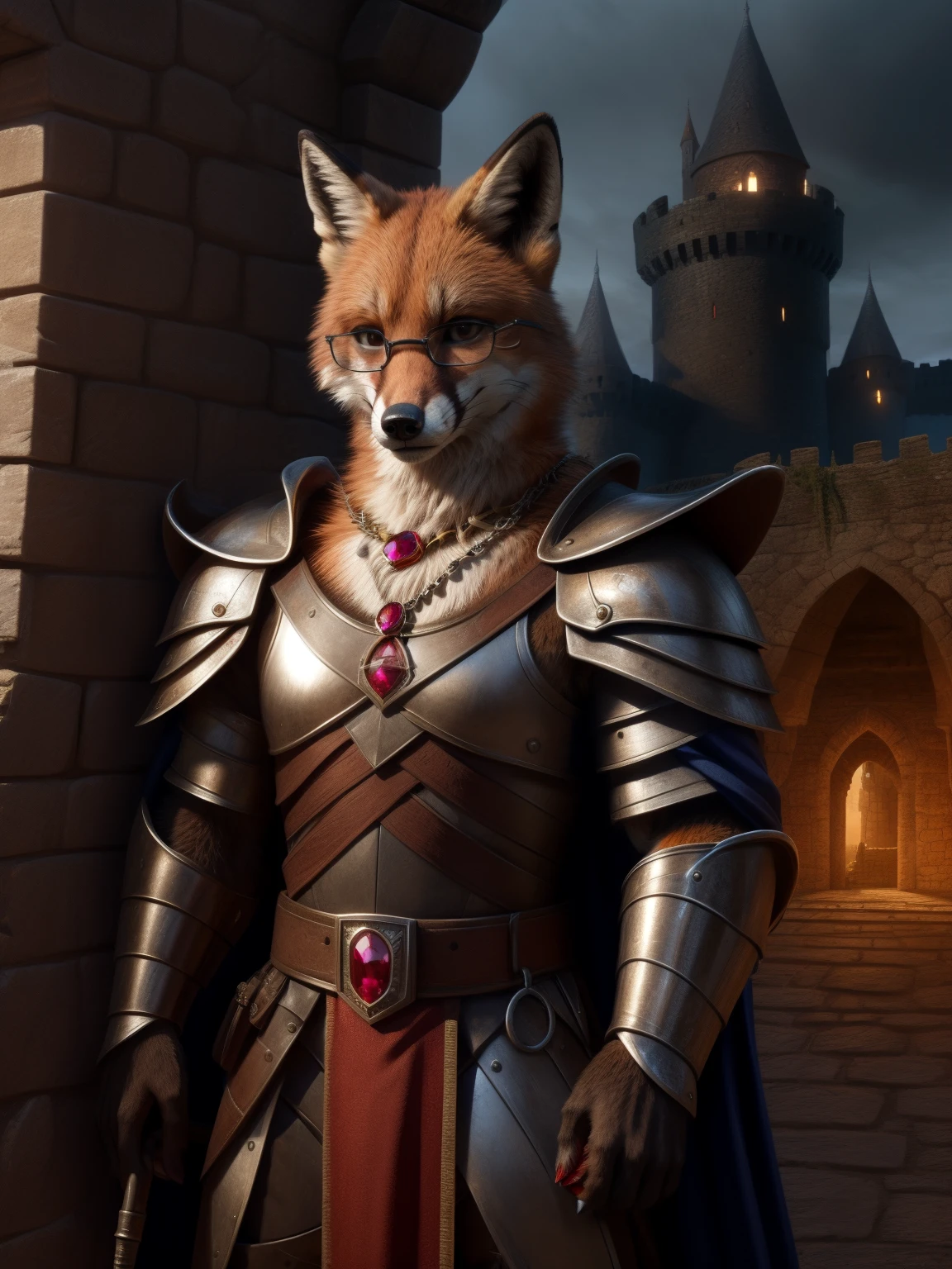(In a varoque castle, with exterior lighting) Middle Ages, medieval imperial guard with metal armor, red fox head, glasses, metal shoulder pads, ((necklace with a ruby)), Realistic fur, furry fox tail,