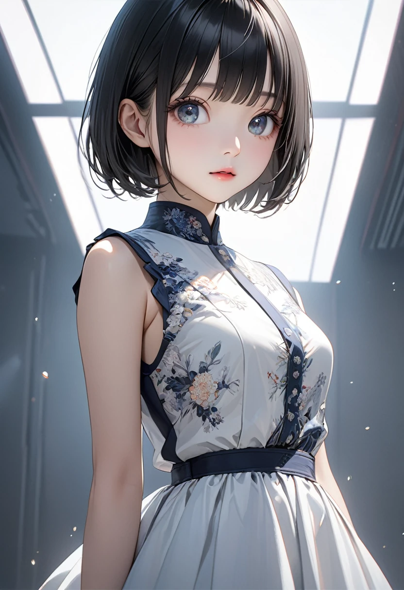 masterpiece, 1 beautiful girl, Detailed eyes, Puffy eyes, Highest quality, 超High resolution, (reality: 1.4), Original photo, One girl, Cinema Lighting, Japan, Asian Beauty, Korean, so beautiful, Beautiful Skin, thin, Body facing forward, (Ultra-realistic), (High resolution), (8k), (Very detailed), (Best illustrations), (beautifully Detailed eyes), (Super detailed) , Detailed face, Looking at the audience, Look straight ahead, Dress neatly, No sleeve, short hair, Black Hair, 46 point diagonal bangs, White room, Clean atmosphere,