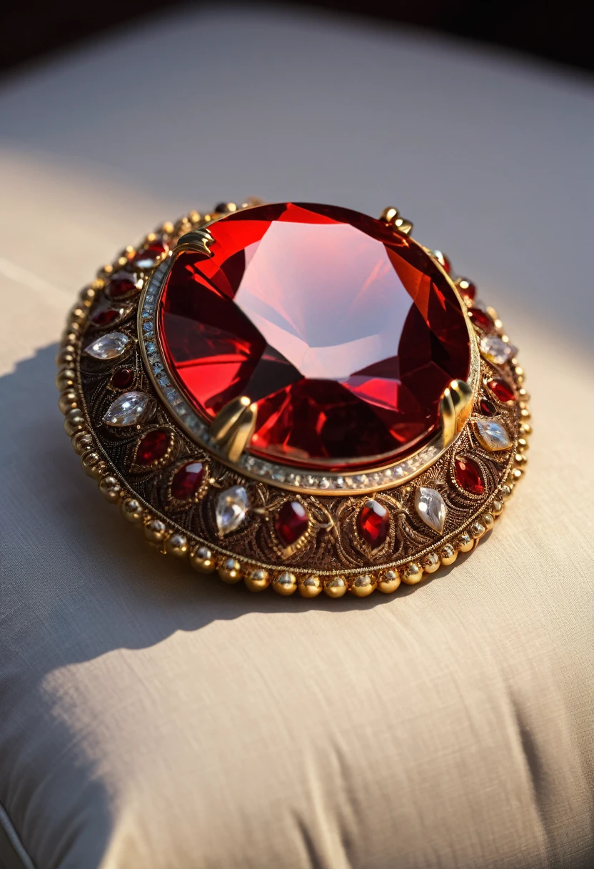 glowing gem, red gem, glowing, gem on pillow, brown pillow, gold trim, detailed, light rays, depth of field, intricate, detailed, (masterpiece:1.2), mksks, 