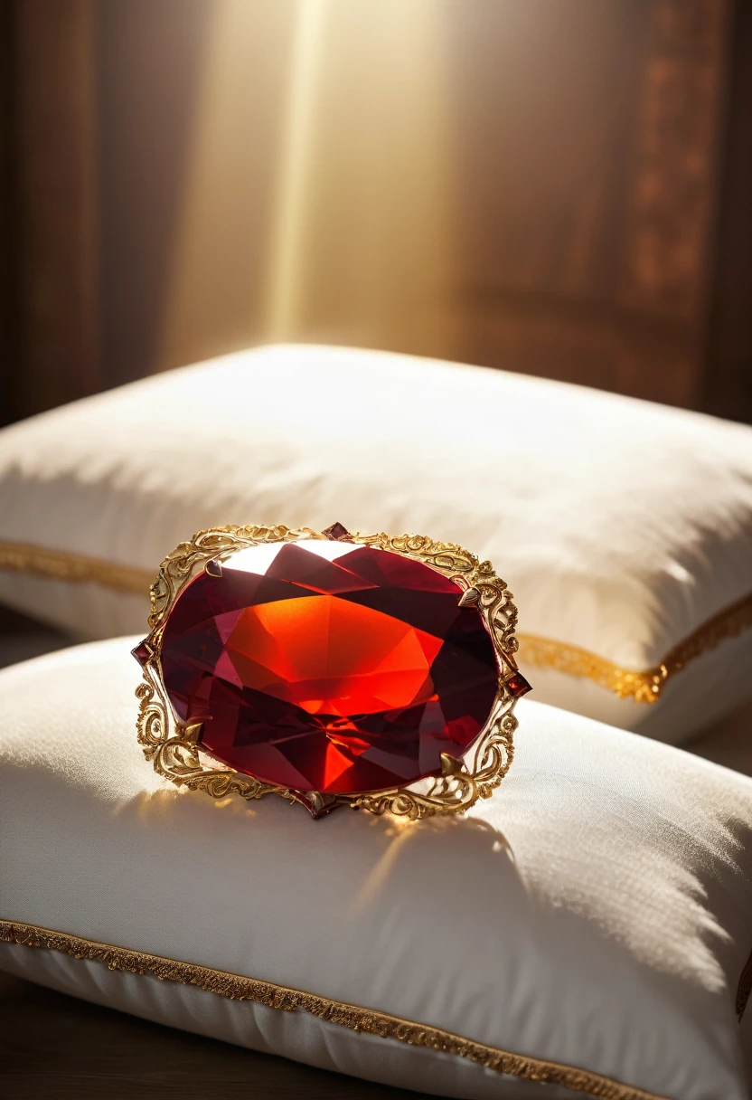 glowing gem, red gem, glowing, gem on pillow, brown pillow, gold trim, detailed, light rays, depth of field, intricate, detailed, (masterpiece:1.2), mksks, 