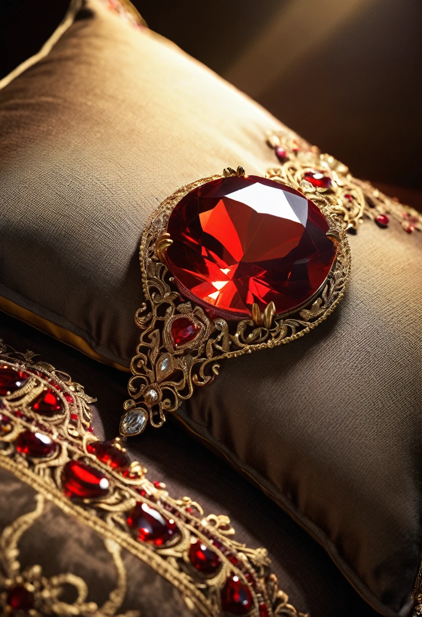 glowing gem, red gem, glowing, gem on pillow, brown pillow, gold trim, detailed, light rays, depth of field, intricate, detailed, (masterpiece:1.2), mksks,