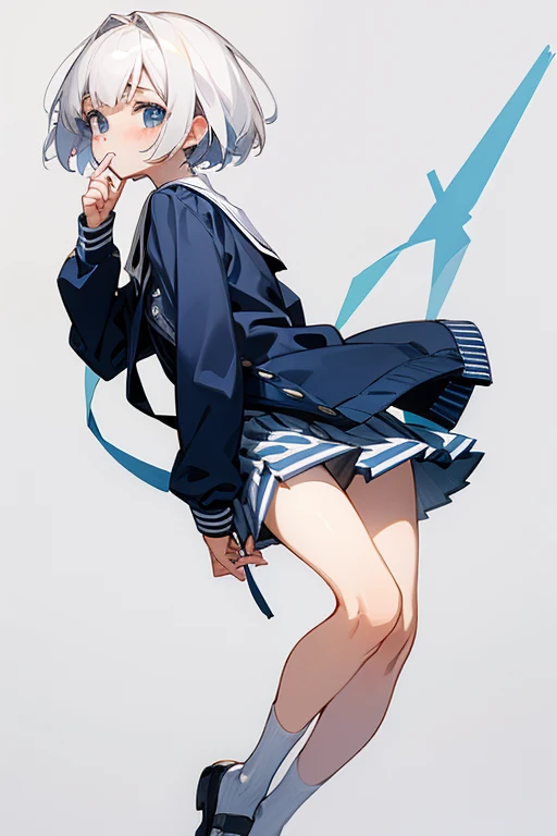 Short white hair, 16 years old、White shirt、Navy blue striped jacket、Cute Skirt、Embarrassing、Background is white、