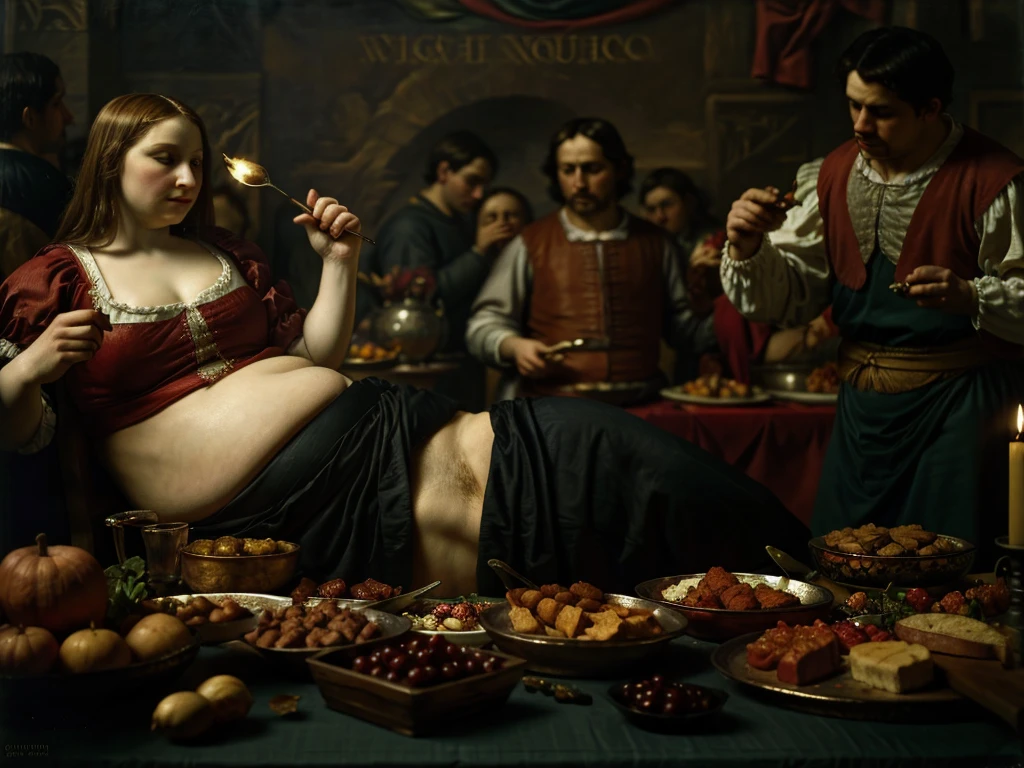 One Renaissance painting of a woman at an elaborate feast alone, dark shadows, alone, mideval background ,over eating, stuffed belly, (Renaissance oil painting:1.1), stuffed belly, best quality, extremely high resolution, sharp focus, dynamic, (creativity:1.3)