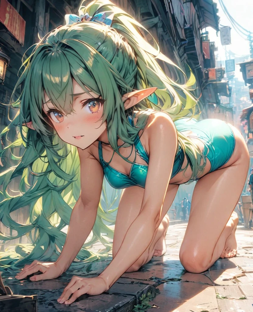 Green Hair　Long Hair　Elf　Swimwear　On all fours