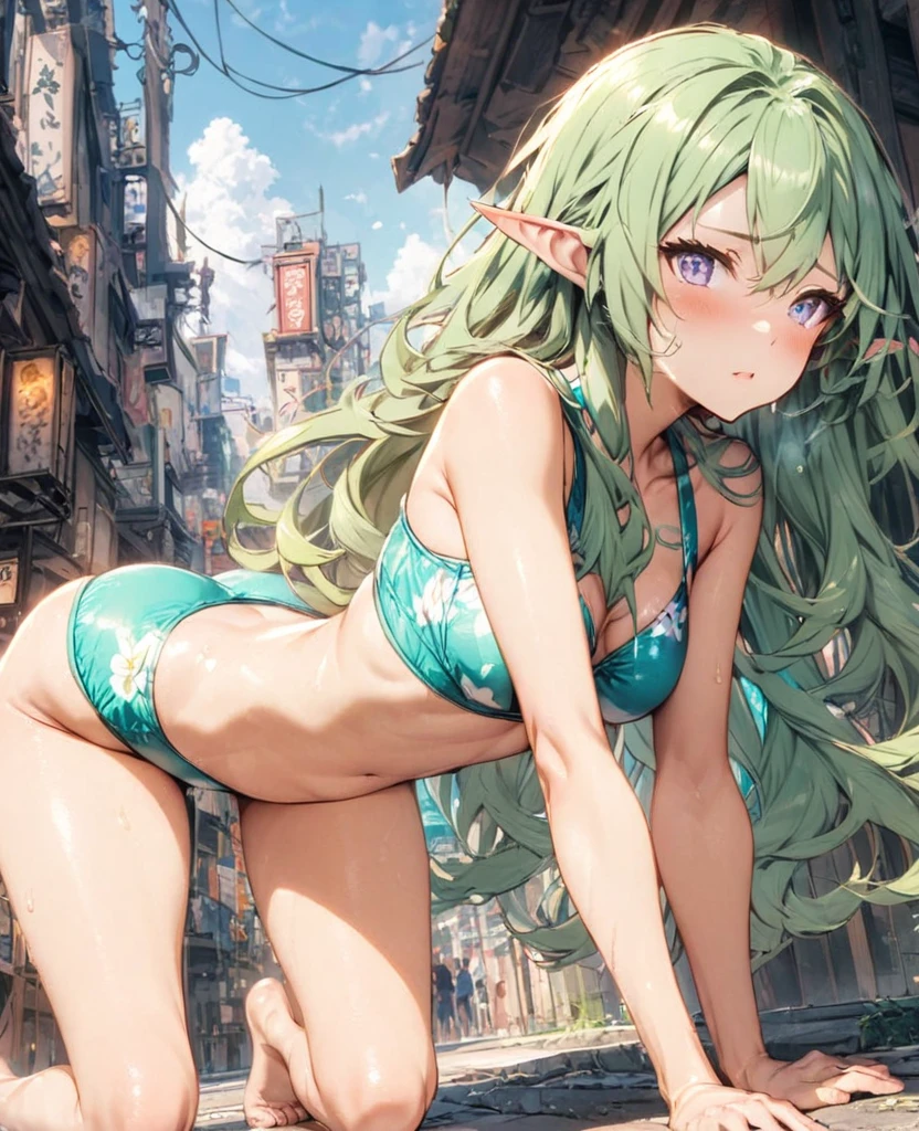 Green Hair Long Hair Elf Swimwear On all fours
