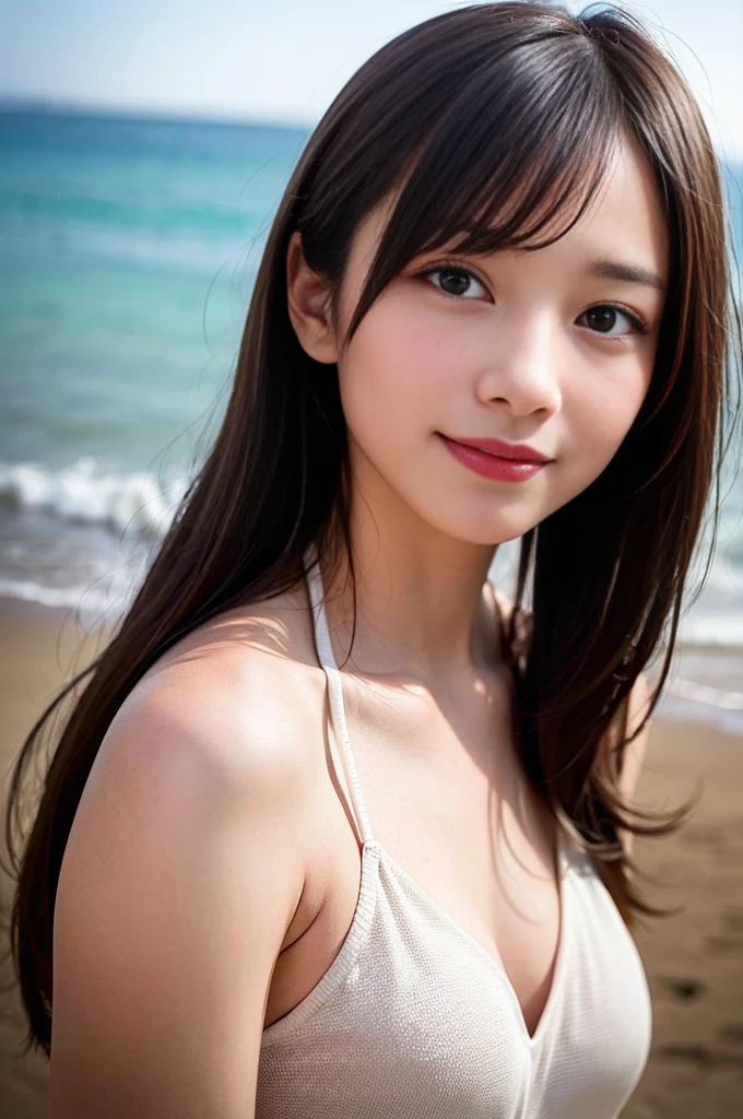 ((masterpiece,best quaLightingy 1.4)), (8k,RAW Photos:1.2), (Realistic,photo Realistic:1.4), Ultra-high resolution , (非常に詳細な8k壁紙) ,Japanese Idols, Japanese actress, Japanese, very cute, Big eyes, Highly detailed eyes and face, Beautiful eyes in every detail,Glowing Skin,Portraiture,(ponytail :1.2),(smile:1.3) ,(Model pose:1.2),Lighting, Sharp focus, Written boundary depth , (Dynamic Angle:1.4 ). Blur the background, Bokeh, (bikini:1.2) ,( Beach.)