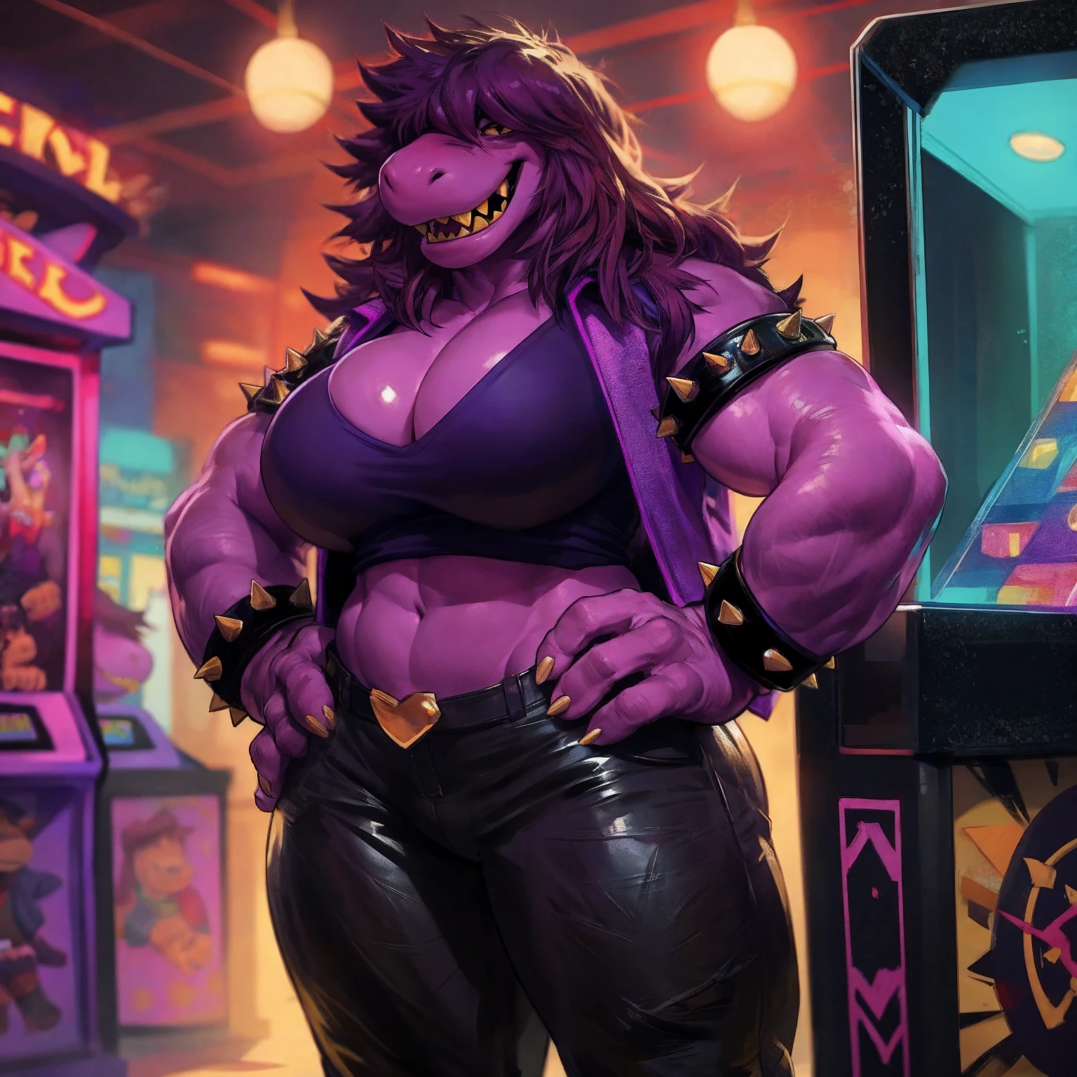 solo, 1girl, susie, susie deltarune, hands on hips, huge breasts, cleavage, bare midriff, standing upright, laughing, looking at viewer, arcade, game machines, full body, by darkgem, 