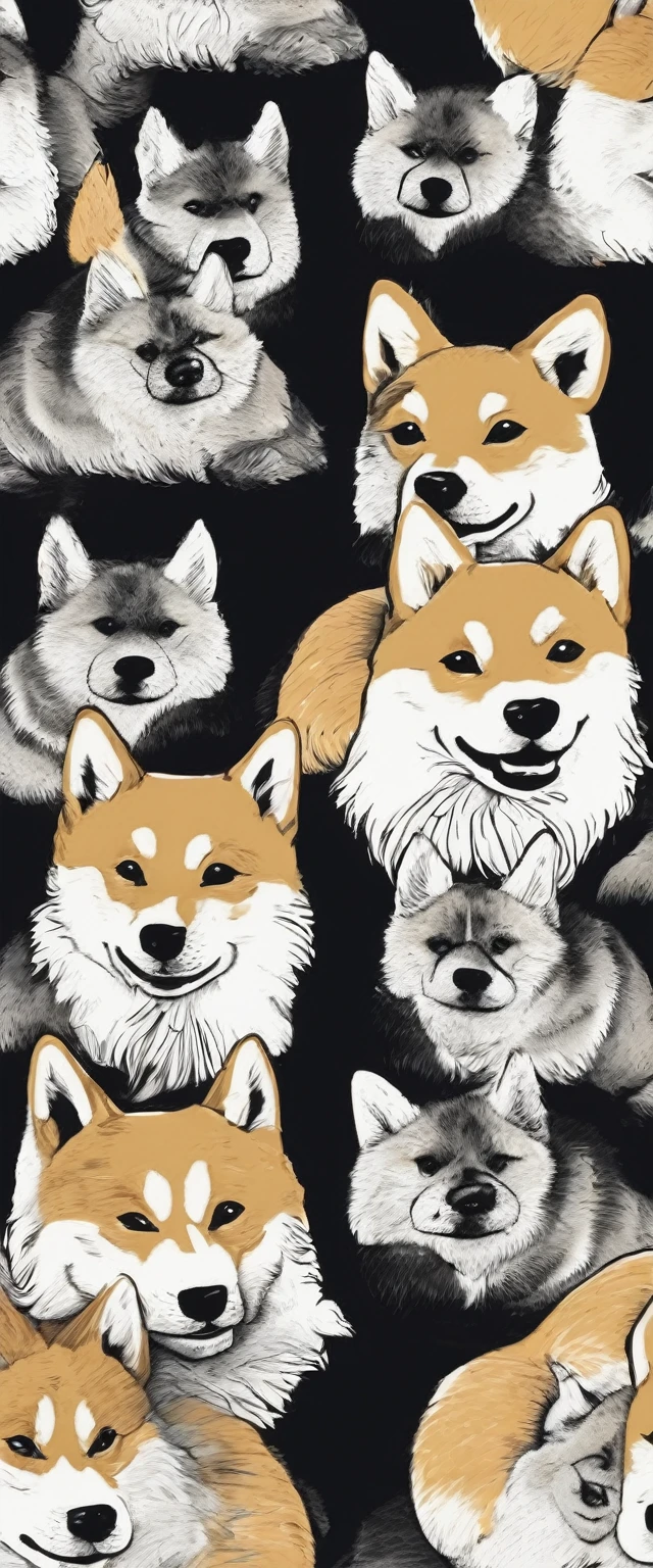 You are a professional creator. Please emphasize the brushstroke texture and create a realistic icon as if drawn with ink. Absolutely no text should be included. Create an image of a Shiba Inu with a traditional Japanese-style design. The image should have very delicate quality with bold, brushstroke-like black and white monochrome tones. It should feature a glossy design and be a dynamic representation of a Japanese dog.