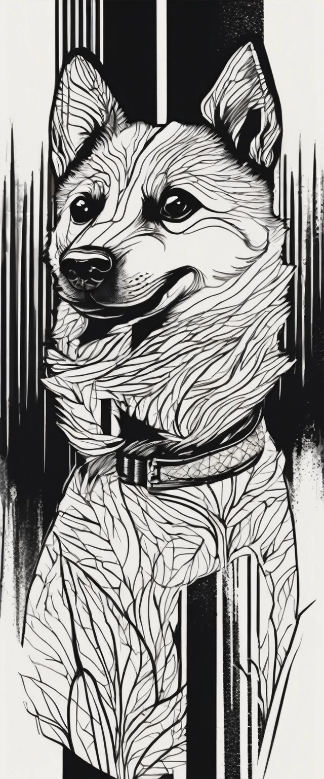 You are a professional creator. Please emphasize the brushstroke texture and create a realistic icon as if drawn with ink. Absolutely no text should be included. Create an image of a Shiba Inu with a traditional Japanese-style design. The image should have very delicate quality with bold, brushstroke-like black and white monochrome tones. It should feature a glossy design and be a dynamic representation of a Japanese dog.