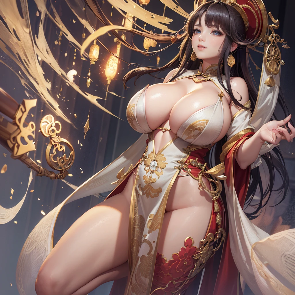 Highly detailed CG unit 8k wallpaper, masterpiece, High resolution, highest quality, highest quality real texture skin, Super Real, Digital Painting, Best image quality, 最High resolution, 8k, ((Highly detailed eyes and face)), 1girl, Beautiful eyes every detail, Full Body Shot, breast focus, Accentuate your chest, chinese style embroidery, china dress, slit, Thighs, ((disproportionate breasts, huge breasts, sagging breasts, Cleavage, gigantic breasts, Saggy breasts, Gravity-dependent breasts, long chest, Heavy chest, erect nipple)), smile, grin, ((Diao Chan, Three Kingdoms)), lewd, Prostitute,
