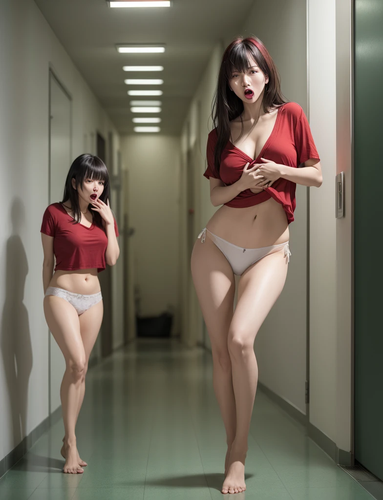 woman, streaked hair, red eyes, lipstick, green plain shirt, white cotton panties, bangs, full body, very embarrassed expression, open mouth, hands covering chest looking at viewer, hallway