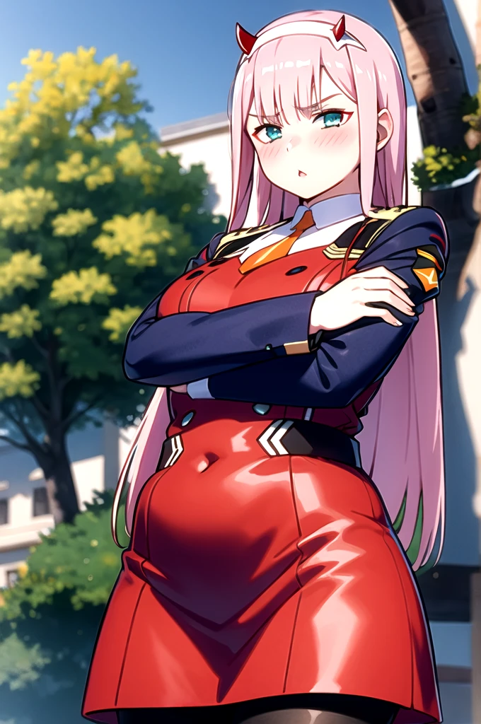 ZeroTwo, 1girl, solo, long hair, looking at viewer, long sleeves, dress, medium breasts, very long hair, green eyes, standing, pink hair, pantyhose, hairband, parted lips, necktie, horns, uniform, aqua eyes, black pantyhose, military, military uniform, red dress, straight hair, white hairband, short necktie, orange necktie, outdoors, forest, blue sky, upper body, blush, nose blush, closed mouth, crossed arms, serious