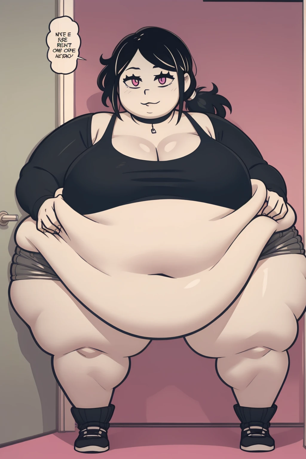 Morbidly obese, full body(Bloated belly:1.1)highres, ashleygraves, 1girl, solo, wide open eyes, pink eyes, low ponytail, white outline, monochrome, choker, indoors, smile, looking at viewer, <3, full body, one hand, spoken heart, zoomed out, Round face, double chin, fat chin, fat cheeks, fat neck, round face, SSBBW, flabby arms, round face, double chin, fat double chin, big double chin, fat neck, chubby cheeks, fat thighs, fat calves, morbidly obese, flabby , giant , large belly, obese, fat face, belly, double chin, obesity, flabby breasts, fat arms and legs, fat everything,