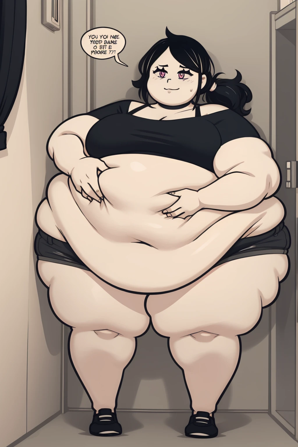 Morbidly obese, full body(Bloated belly:1.1)highres, ashleygraves, 1girl, solo, wide open eyes, pink eyes, low ponytail, white outline, monochrome, choker, indoors, smile, looking at viewer, <3, full body, one hand, spoken heart, zoomed out, Round face, double chin, fat chin, fat cheeks, fat neck, round face, SSBBW, flabby arms, round face, double chin, fat double chin, big double chin, fat neck, chubby cheeks, fat thighs, fat calves, morbidly obese, flabby , giant , large belly, obese, fat face, belly, double chin, obesity, flabby breasts, fat arms and legs, fat everything,