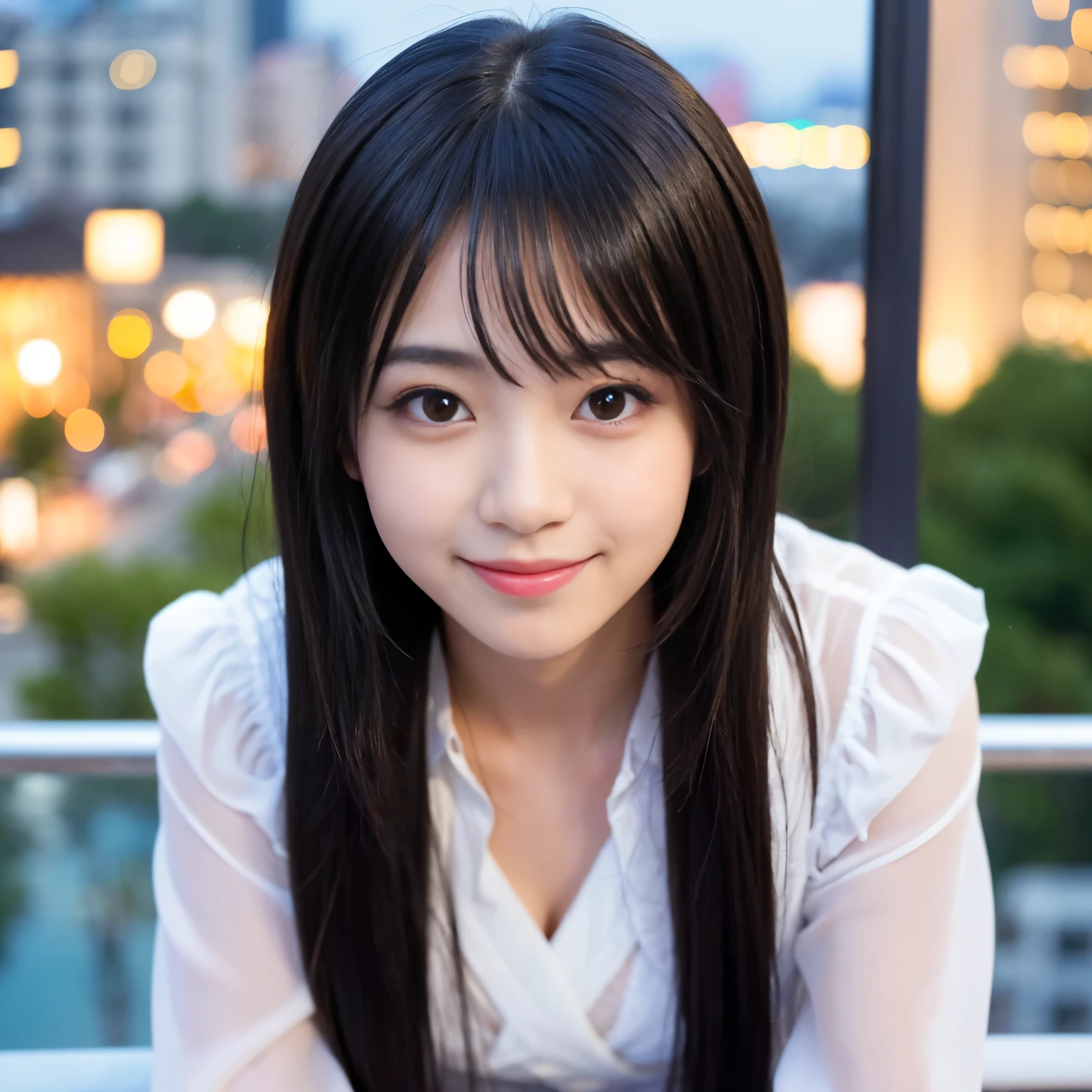 (Best-quality, Masterpiece, Ultra-High-Resolution, (Photorealistic:1.4), Raw Photo, depth of field, professional lighting, perfect anatomy, extremely details), ((((Magnificent-view)))), ((on balcony at luxury-hotel-suite)), 1girl, 15-years-old, the most famous Japanese-idol, dynamic-pose, wearing sexy ido's costume, looking at viewer, ((innocent-smile)), ((extremely cute and extremely childish face like the most popular Japanese-idol, ((extremely cute and extremely big black-eyes)), extremely beautiful black-long-hair, (((extremely beautiful and extremely realistic skins))), extremely cute lips, extremely cute long-eyelashes, extremely skinny body))