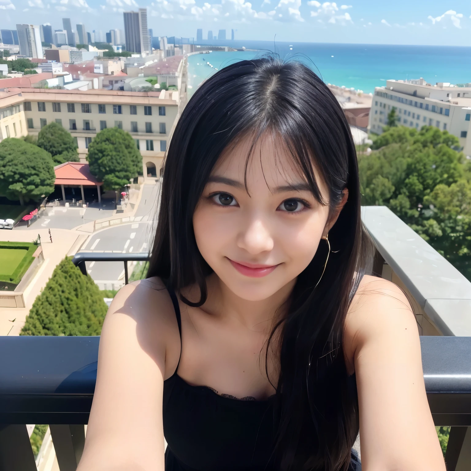(Best-quality, Masterpiece, Ultra-High-Resolution, (Photorealistic:1.4), Raw Photo, depth of field, professional lighting, perfect anatomy, extremely details), ((((Magnificent-view)))), ((on balcony at luxury-hotel-suite)), 1girl, 15-years-old, the most famous Japanese-idol, dynamic-pose, wearing sexy ido's costume, looking at viewer, ((innocent-smile)), ((extremely cute and extremely childish face like the most popular Japanese-idol, ((extremely cute and extremely big black-eyes)), extremely beautiful black-long-hair, (((extremely beautiful and extremely realistic skins))), extremely cute lips, extremely cute long-eyelashes, extremely skinny body))