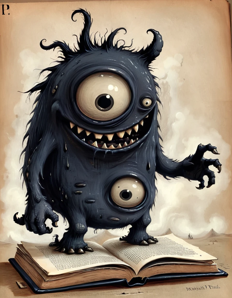 A little black ink monster coming out of the book of poems.