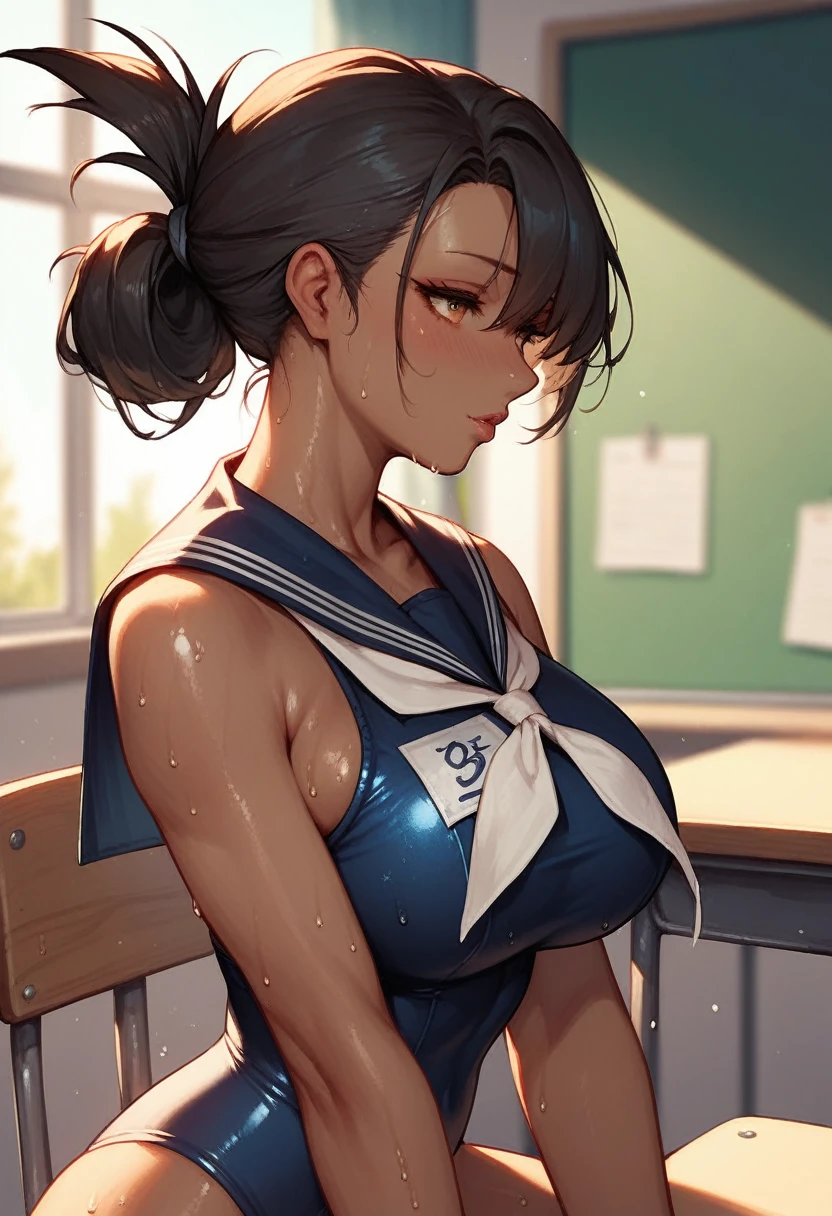 　(((Dark brown skin))) Azur Lane　Sailor suit　School Swimsuit　Beautiful tall woman　Black Hair　 sweat　(((folded ponytail)))　classroom　Love juice 